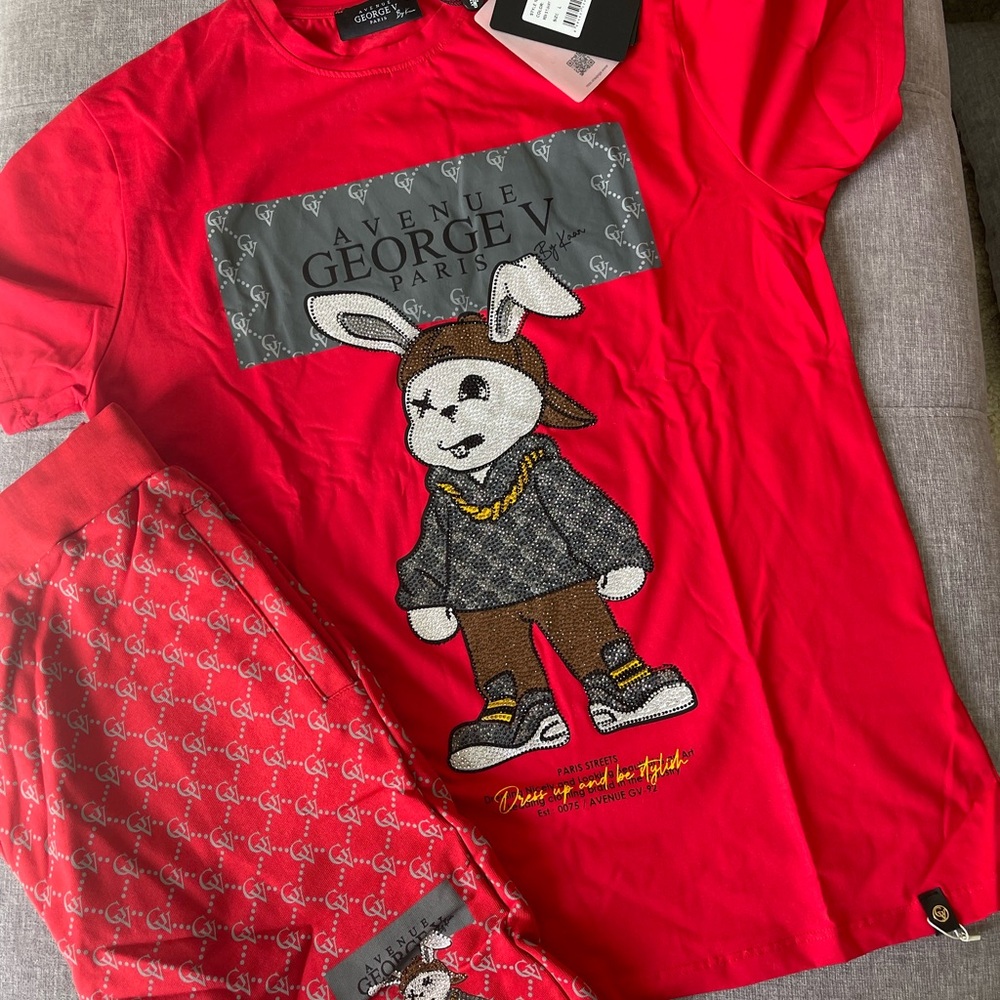 Avenue George V Paris Short Set Men's Red 2 piece set Rabbit Rhinestone Large - Picture 4 of 6